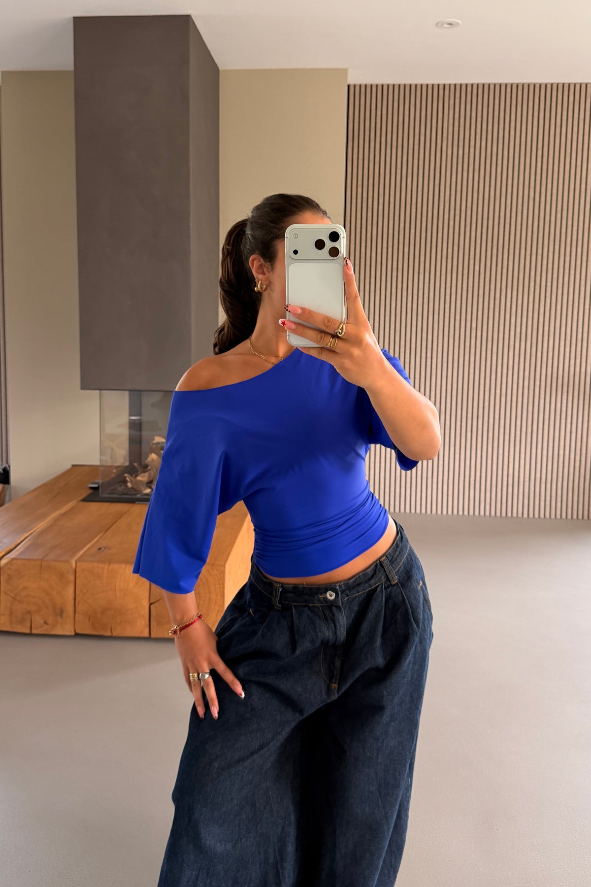 Off-shoulder Top Dark Blue